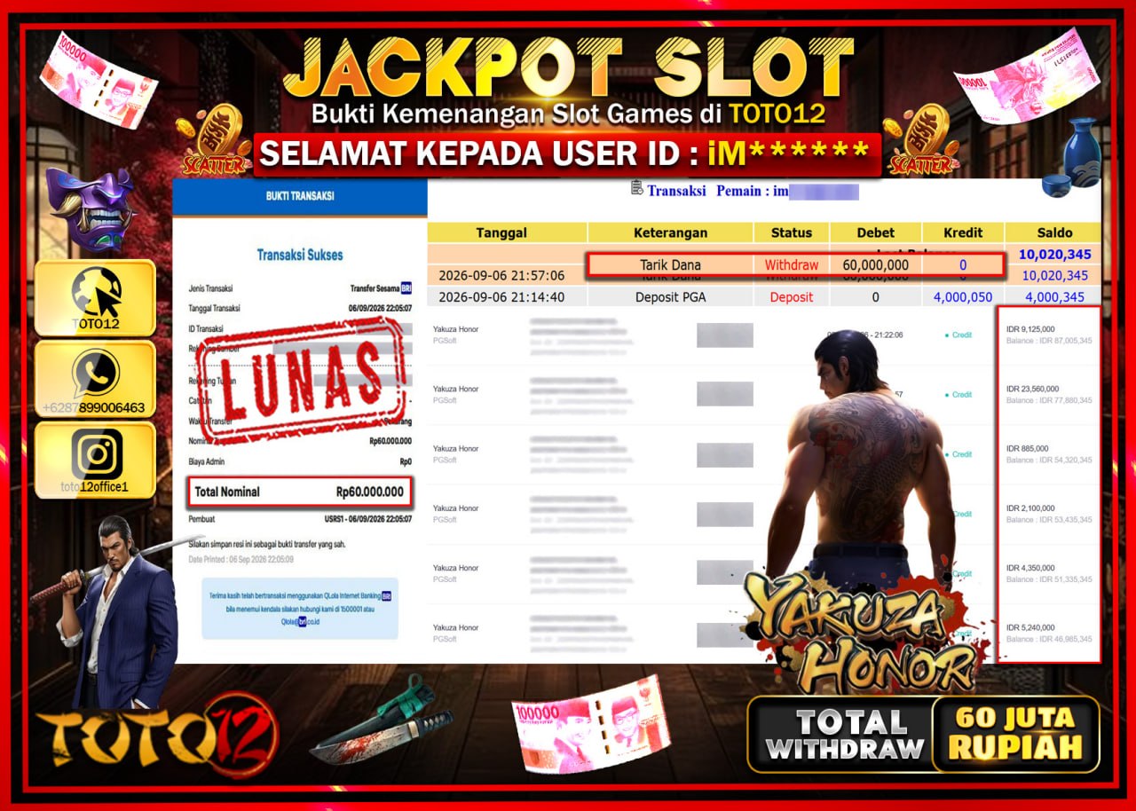 HANYA DI TOTO12 JP PASTI DI BAYAR LUNAS DAN CEPAT!!!!!! JACKPOT SLOT GAME (YAKUZA HONOR) Rp60.000.000!!!!