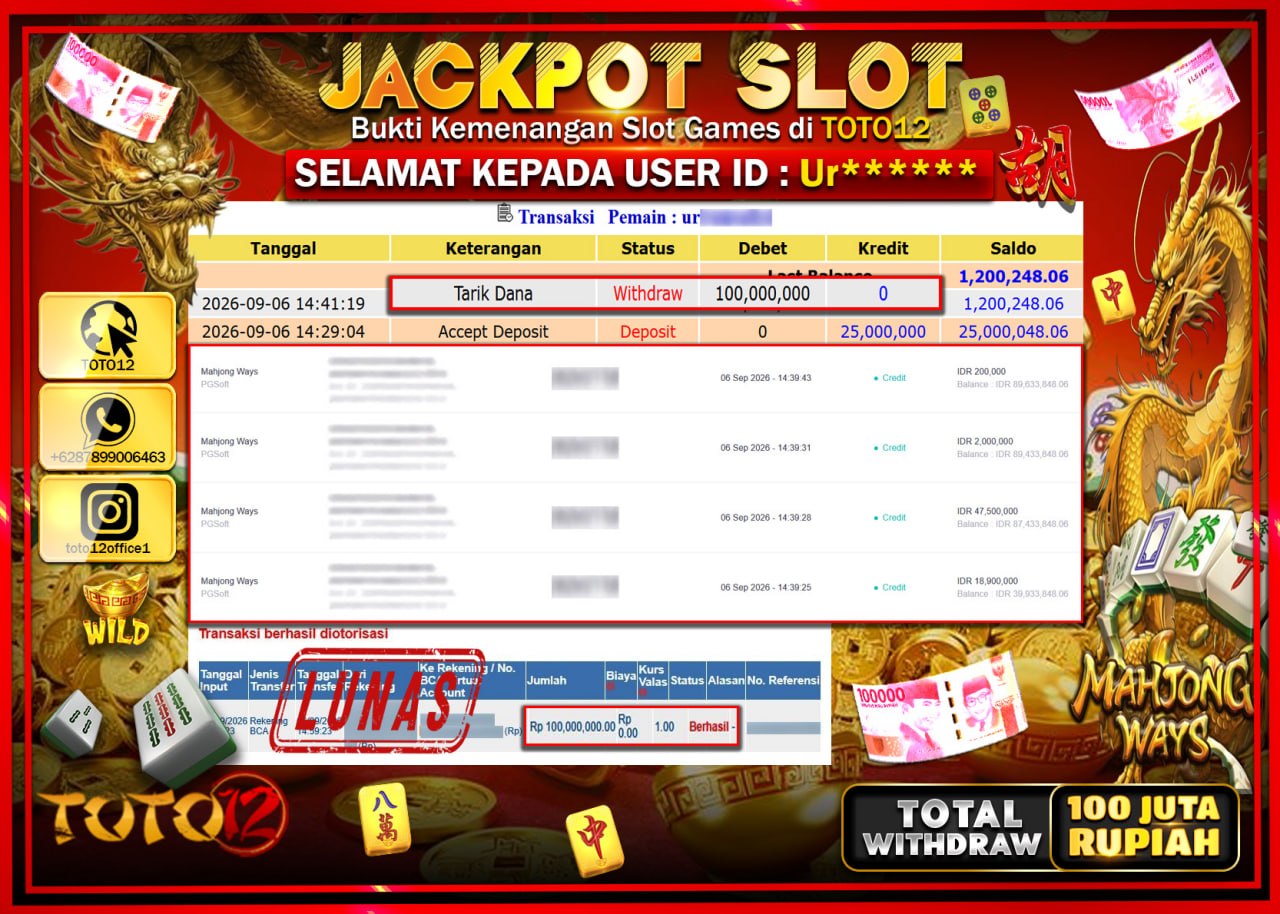 HANYA DI TOTO12 JP PASTI DI BAYAR LUNAS DAN CEPAT!!!!!! JACKPOT SLOT GAME (MAHJONG WAYS) Rp100.000.000!!!!