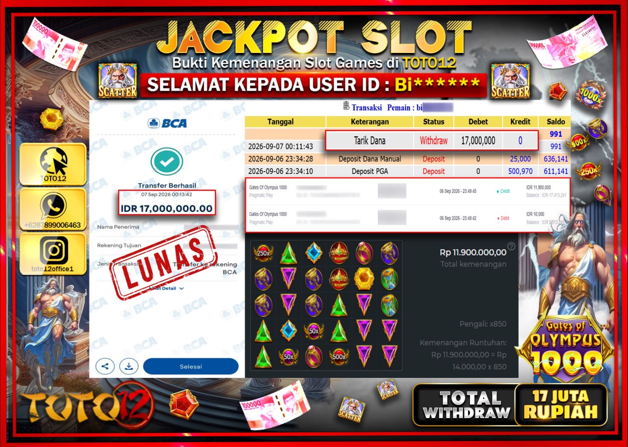 HANYA DI TOTO12 JP PASTI DI BAYAR LUNAS DAN CEPAT!!!!!! JACKPOT SLOT GAME (GATES OF OLYMPUS 1000) Rp17.000.000!!!!