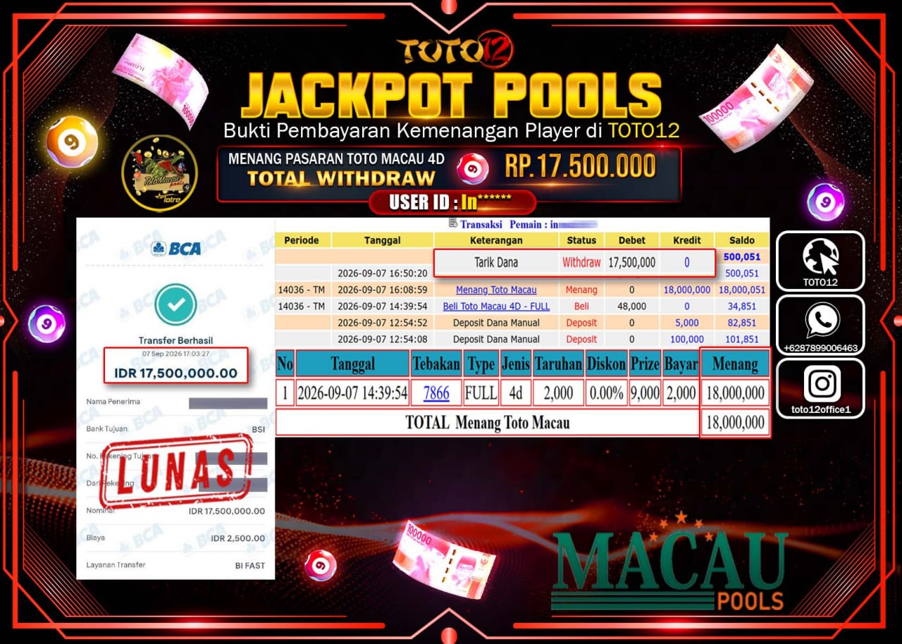 HANYA DI TOTO12 JP PASTI DI BAYAR LUNAS DAN CEPAT!!!!!! JACKPOT POOLS PASARAN (MACAU 4D) Rp17.500.000!!!!