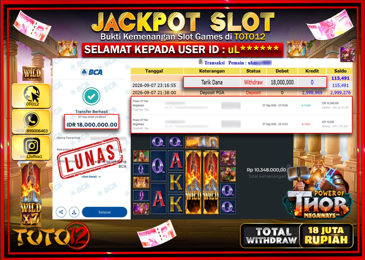 HANYA DI TOTO12 JP PASTI DI BAYAR LUNAS DAN CEPAT!!!!!! JACKPOT SLOT GAME (POWER OF THOR MEGAWAYS) Rp18.000.000!!!!