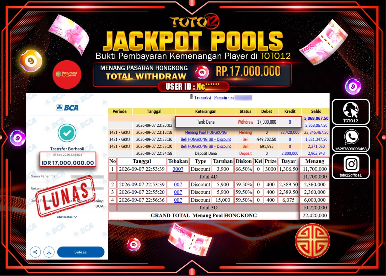 HANYA DI TOTO12 JP PASTI DI BAYAR LUNAS DAN CEPAT!!!!!! JACKPOT POOLS PASARAN (HONGKONG) Rp17.000.000!!!!