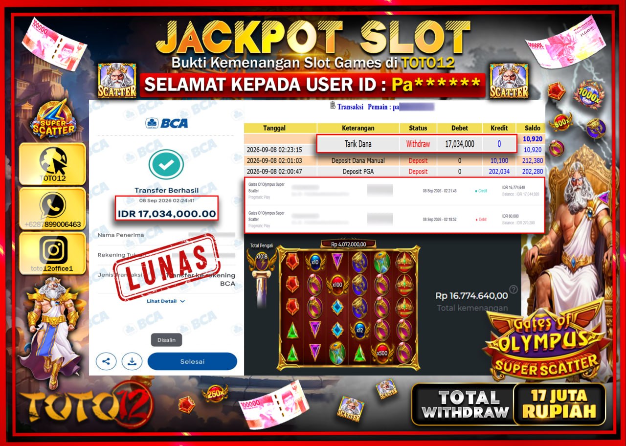 HANYA DI TOTO12 JP PASTI DI BAYAR LUNAS DAN CEPAT!!!!!! JACKPOT SLOT GAME (GATES OF OLYMPUS SUPER SCATTER) Rp17.034.000!!!!