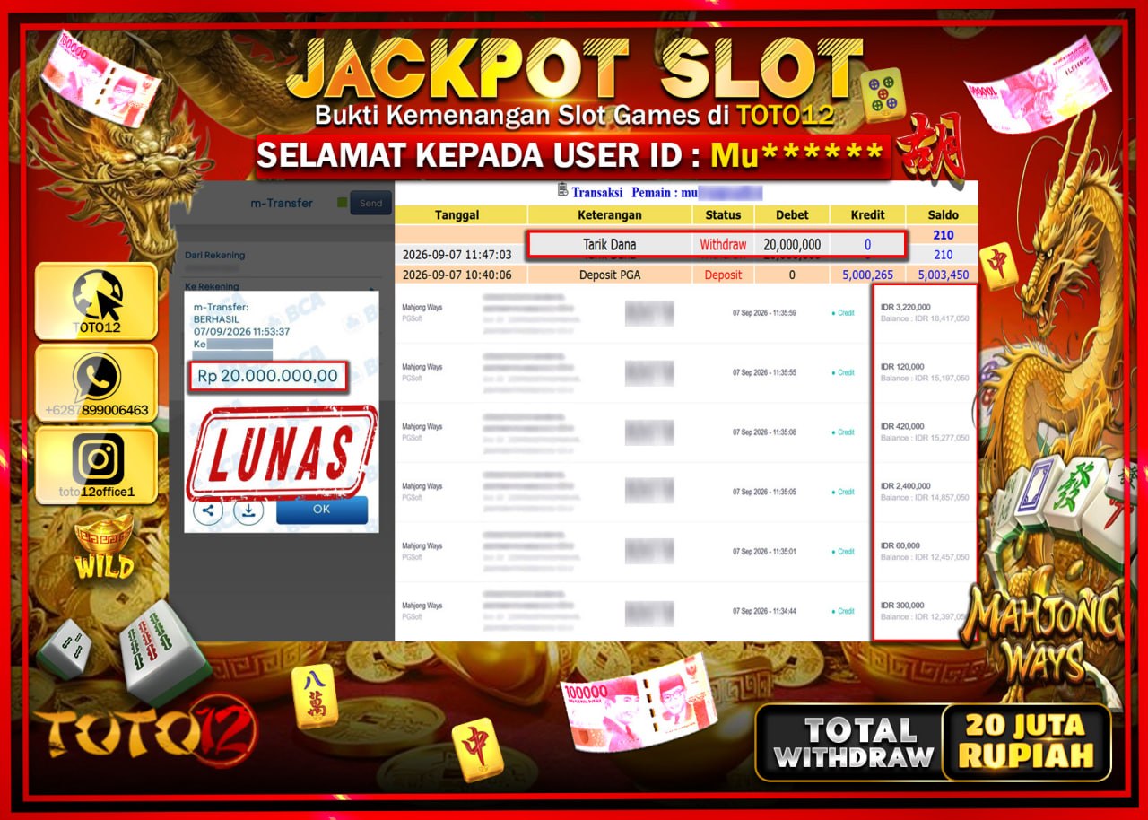 HANYA DI TOTO12 JP PASTI DI BAYAR LUNAS DAN CEPAT!!!!!! JACKPOT SLOT GAME (MAHJONG WAYS) Rp20.000.000!!!!
