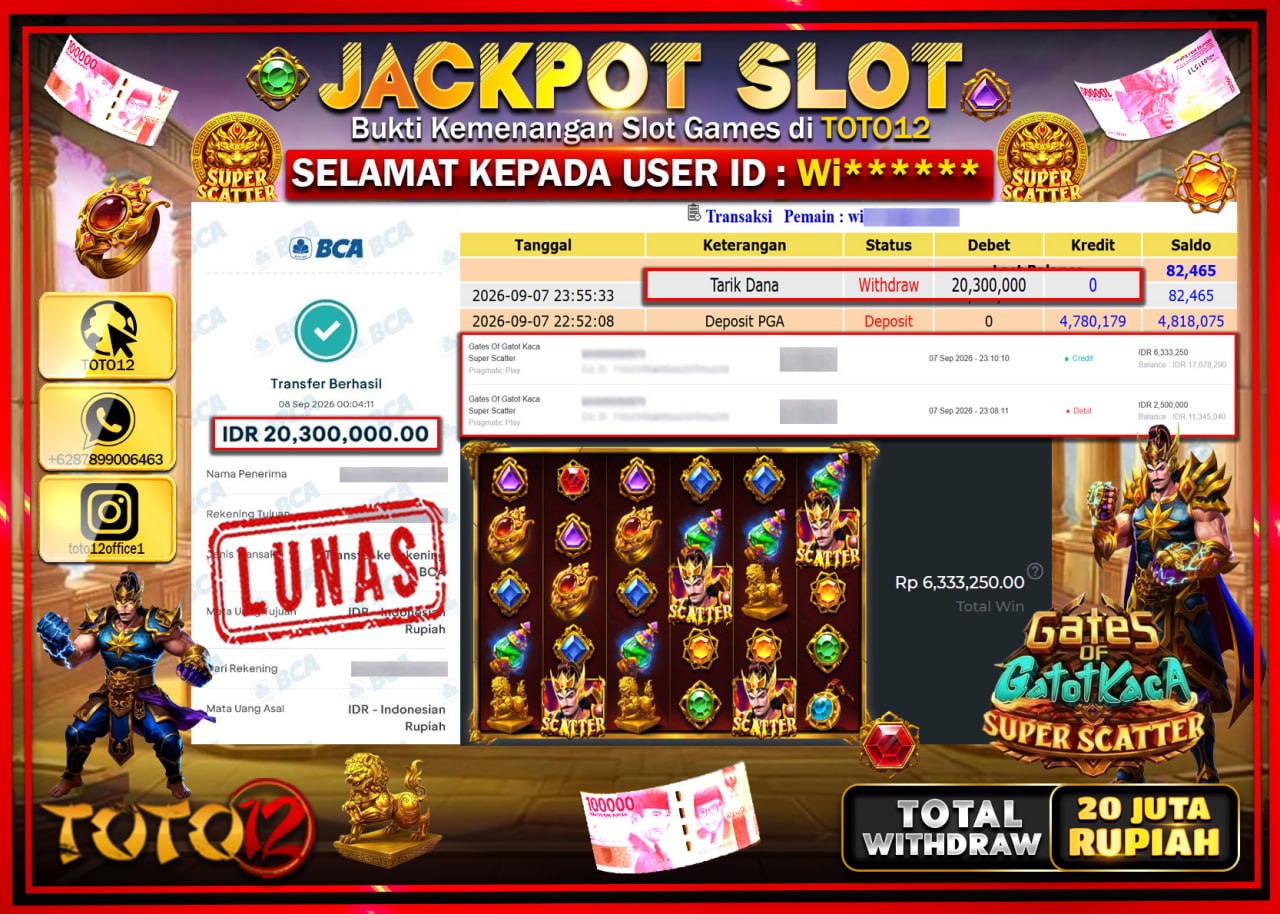 HANYA DI TOTO12 JP PASTI DI BAYAR LUNAS DAN CEPAT!!!!!! JACKPOT SLOT GAME (GATES OF GATOT KACA SUPER SCATTER) Rp20.300.000!!!!