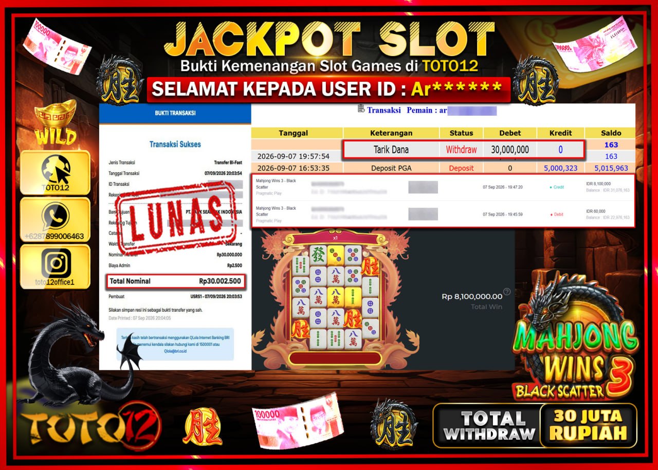 HANYA DI TOTO12 JP PASTI DI BAYAR LUNAS DAN CEPAT!!!!!! JACKPOT SLOT GAME (MAHJONG WINS 3 BLACK SCATTER) Rp30.000.000!!!!