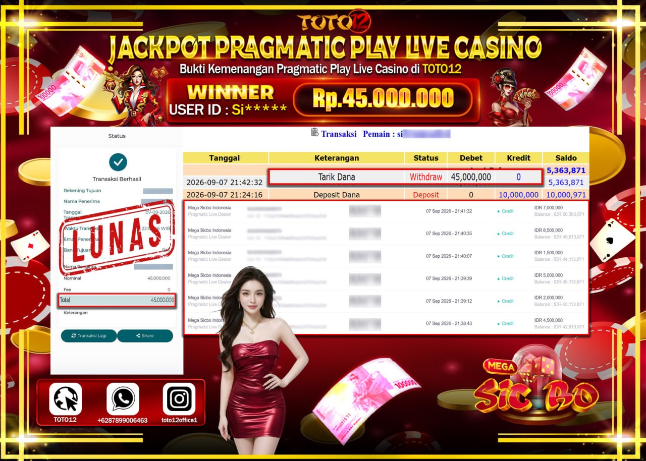HANYA DI TOTO12 JP PASTI DI BAYAR LUNAS DAN CEPAT!!!!!! JACKPOT PRAGMATIC PLAY LIVE GAME CASINO (MEGA SICBO INDONESIA) Rp45.000.000!!!!
