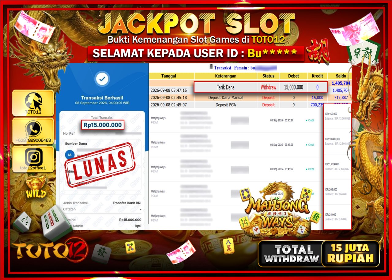HANYA DI TOTO12 JP PASTI DI BAYAR LUNAS DAN CEPAT!!!!!! JACKPOT SLOT GAME (MAHJONG WAYS) Rp15.000.000!!!!