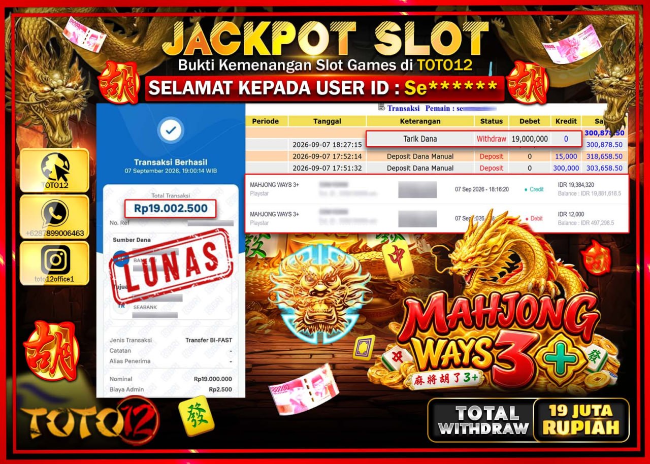 HANYA DI TOTO12 JP PASTI DI BAYAR LUNAS DAN CEPAT!!!!!! JACKPOT SLOT GAME (MAHJONG WAYS 3+) Rp19.000.000!!!!