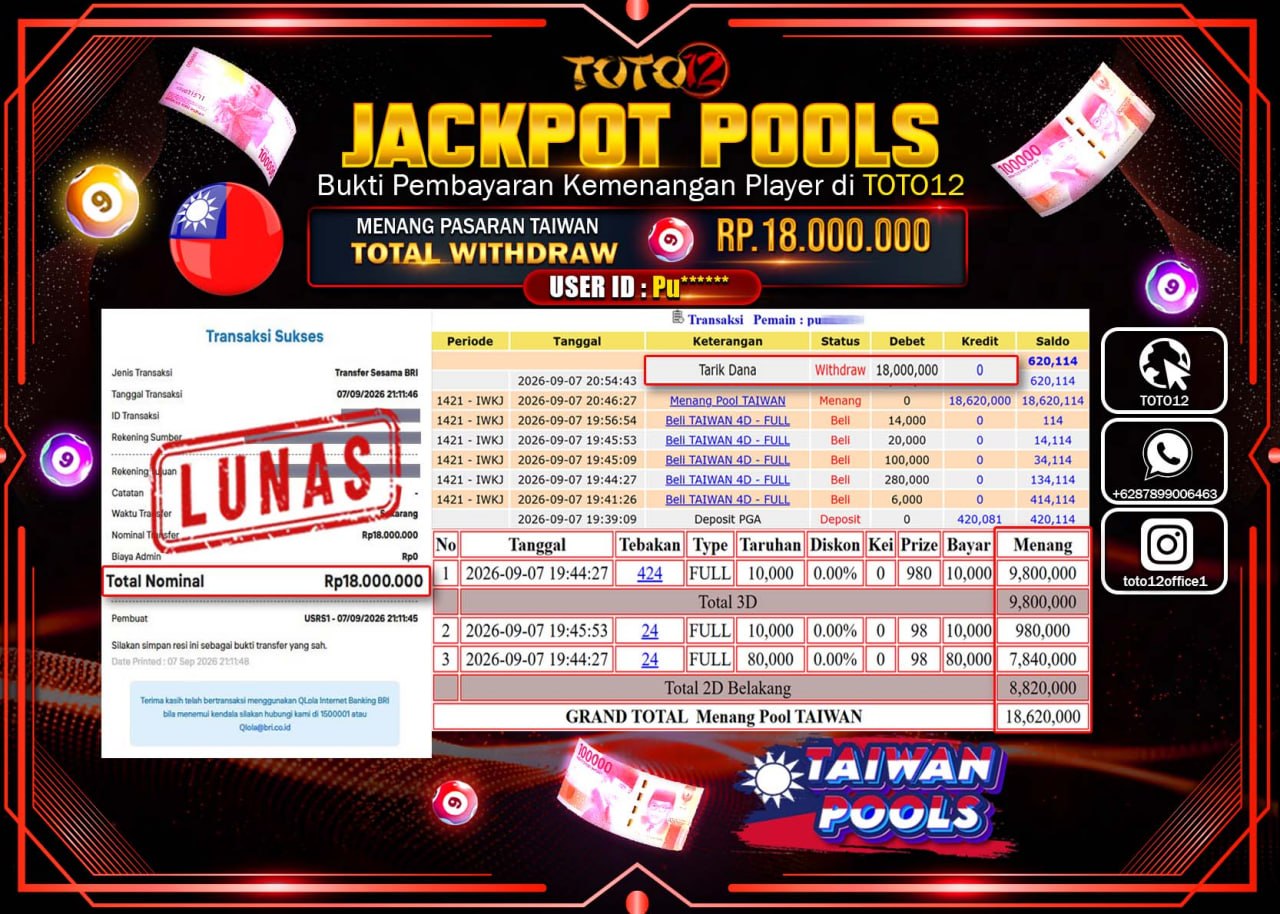 HANYA DI TOTO12 JP PASTI DI BAYAR LUNAS DAN CEPAT!!!!!! JACKPOT POOLS PASARAN (CARONLINADAY) Rp18.000.000!!!!