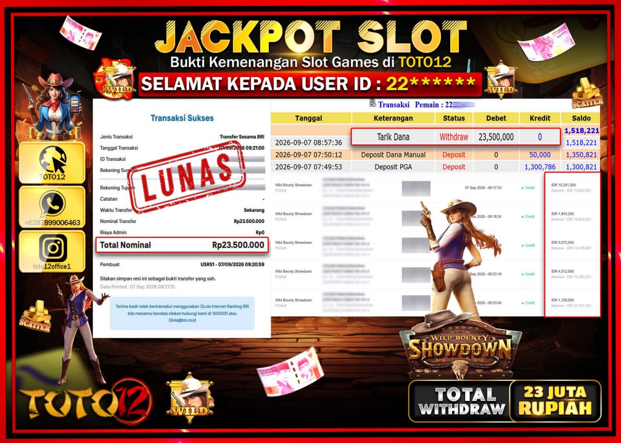 HANYA DI TOTO12 JP PASTI DI BAYAR LUNAS DAN CEPAT!!!!!! JACKPOT SLOT GAME (WILD BOUNTY SHOWDOWN) Rp23.500.000!!!!