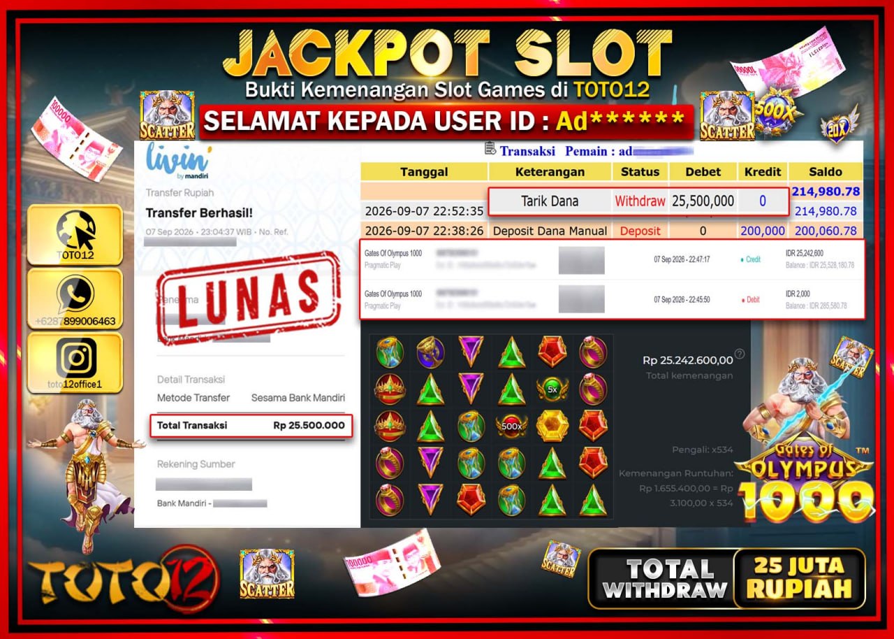 HANYA DI TOTO12 JP PASTI DI BAYAR LUNAS DAN CEPAT!!!!!! JACKPOT SLOT GAME (GATES OF OLYMPUS 1000) Rp25.500.000!!!!