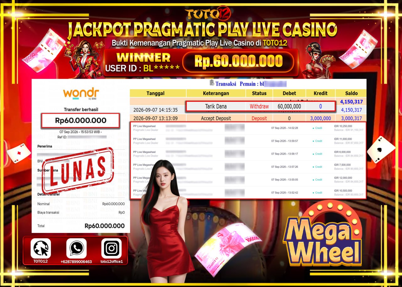 HANYA DI TOTO12 JP PASTI DI BAYAR LUNAS DAN CEPAT!!!!!! JACKPOT PRAGMATIC PLAY LIVE GAME CASINO (PP LIVE MEGAWHEEL) Rp60.000.000!!!!
