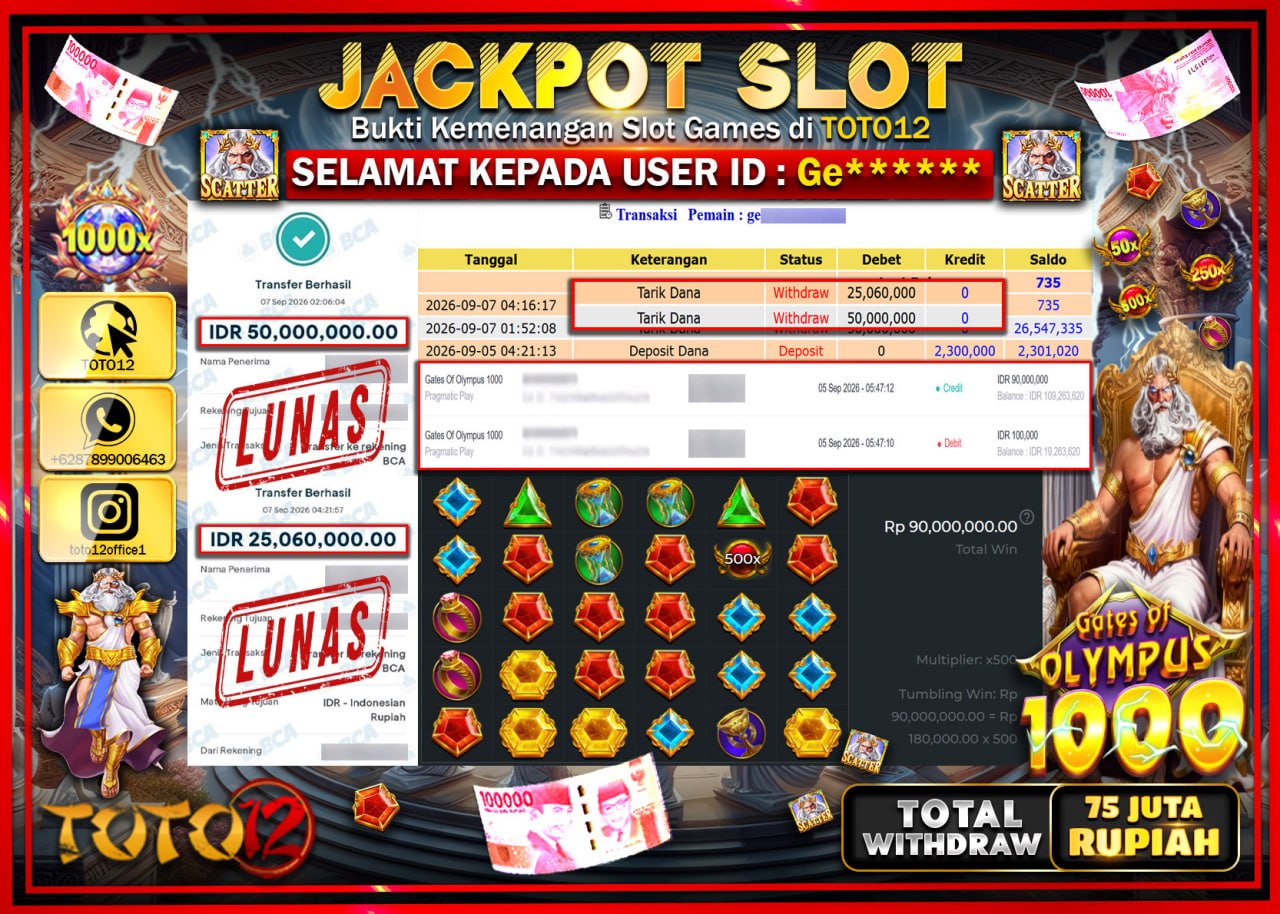 HANYA DI TOTO12 JP PASTI DI BAYAR LUNAS DAN CEPAT!!!!!! JACKPOT SLOT GAME (GATES OF OLYMPUS 1000) Rp75.060.000!!!!