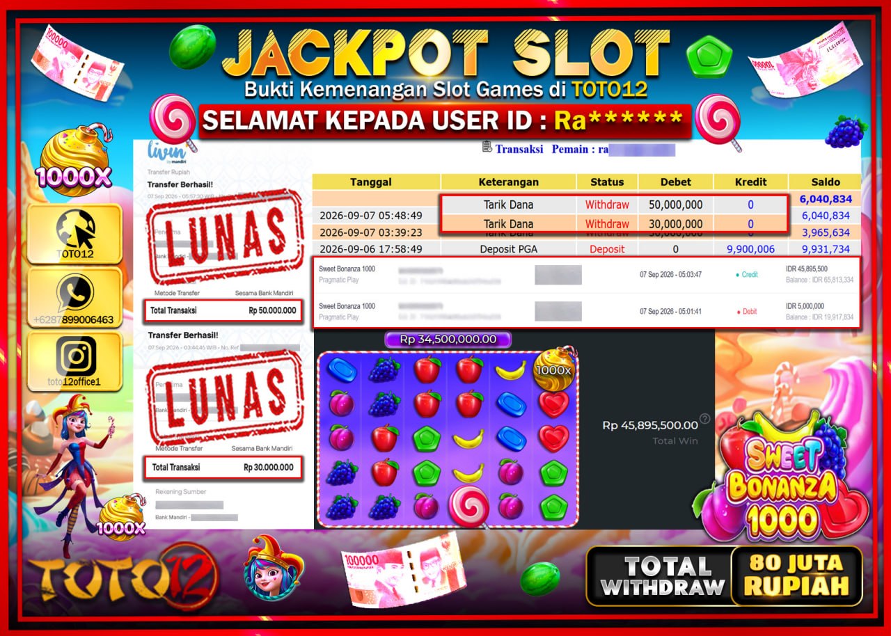 HANYA DI TOTO12 JP PASTI DI BAYAR LUNAS DAN CEPAT!!!!!! JACKPOT SLOT GAME (SWEET BONANZA 1000) Rp80.000.000!!!!