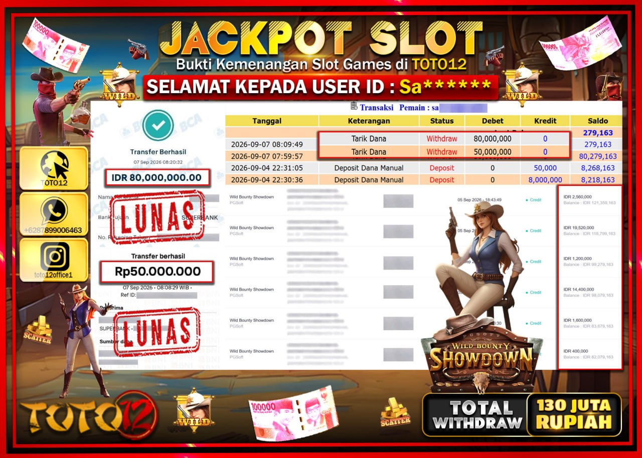 HANYA DI TOTO12 JP PASTI DI BAYAR LUNAS DAN CEPAT!!!!!! JACKPOT SLOT GAME (WILD BOUNTY SHOWDOWN) Rp130.000.000!!!!