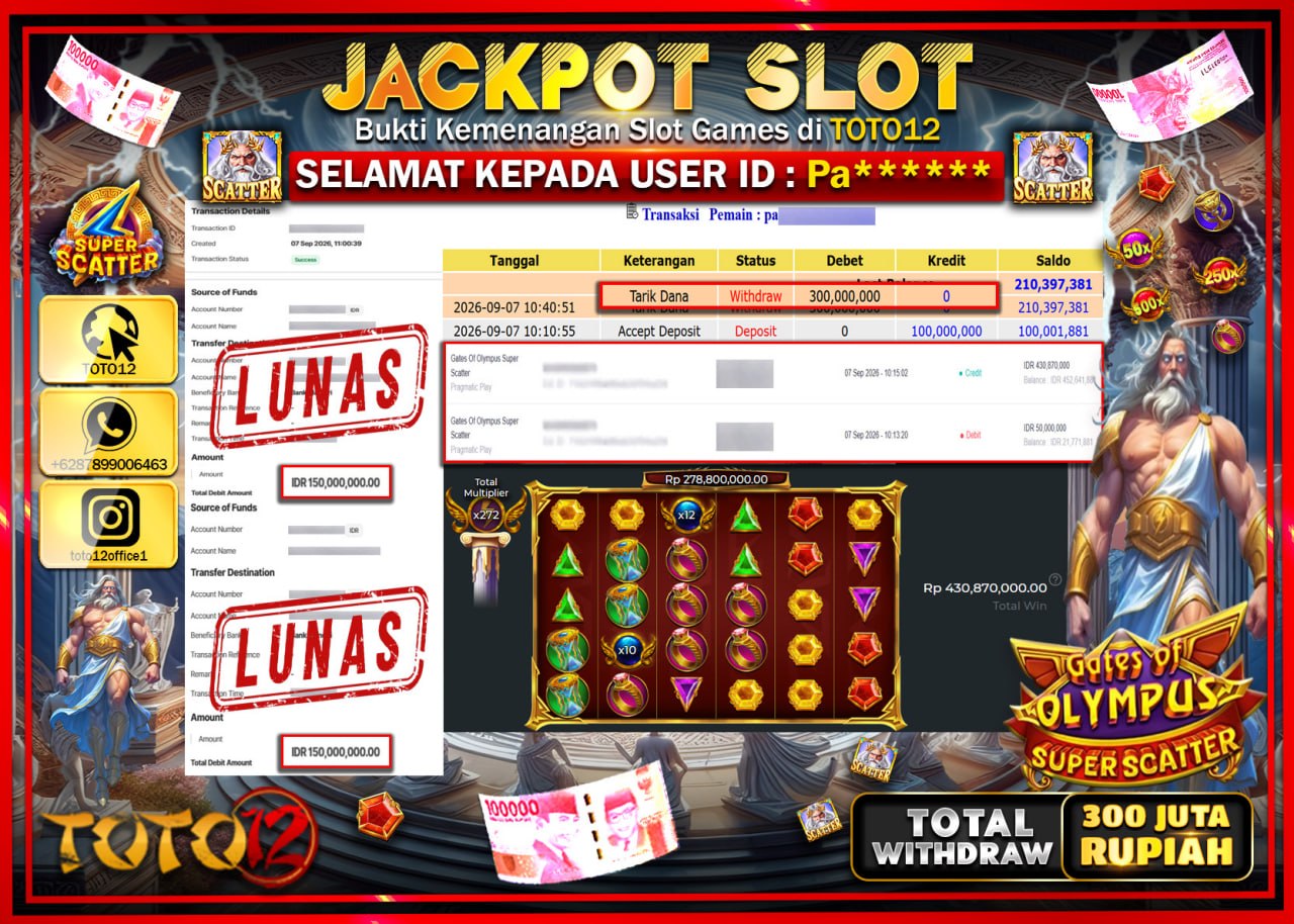 HANYA DI TOTO12 JP PASTI DI BAYAR LUNAS DAN CEPAT!!!!!! JACKPOT SLOT GAME (GATES OF OLYMPUS SUPER SCATTER) Rp300.000.000!!!!