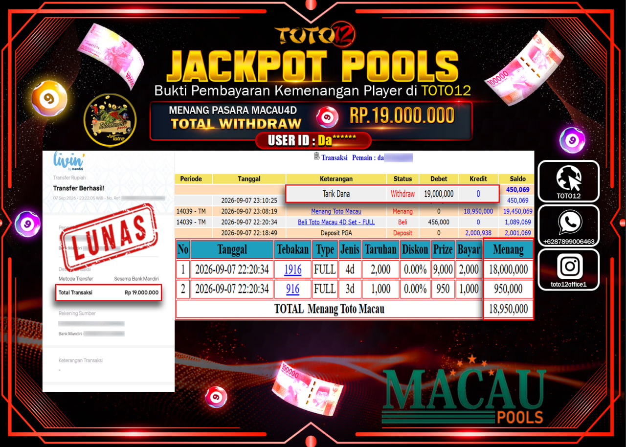 HANYA DI TOTO12 JP PASTI DI BAYAR LUNAS DAN CEPAT!!!!!! JACKPOT POOLS PASARAN (MACAU 4D) Rp19.000.000!!!!