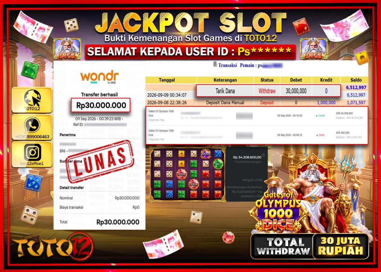 HANYA DI TOTO12 JP PASTI DI BAYAR LUNAS DAN CEPAT!!!!!! JACKPOT SLOT GAME (GATES OF OLYMPUS 1000 DICE) Rp30.000.000!!!!