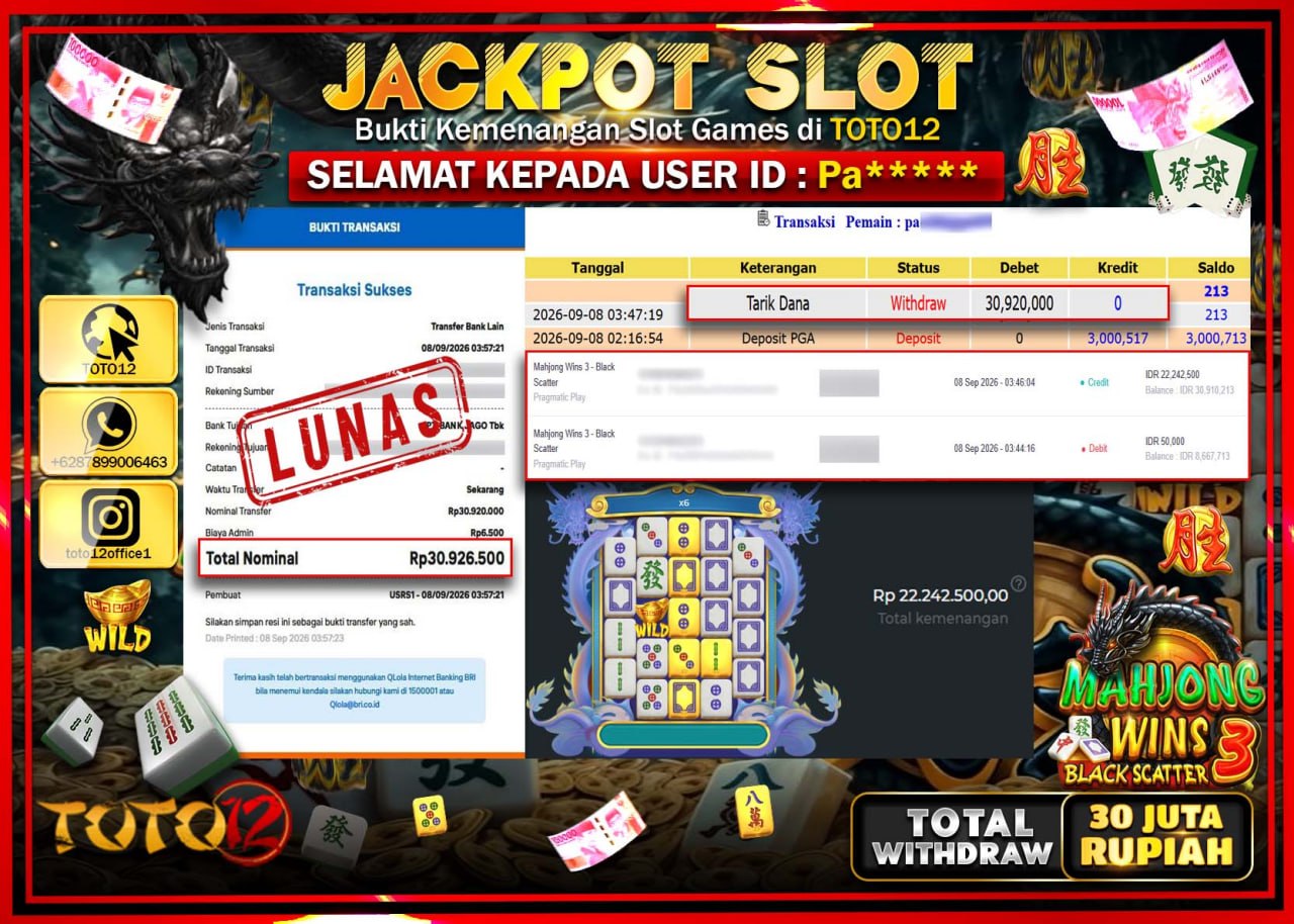 HANYA DI TOTO12 JP PASTI DI BAYAR LUNAS DAN CEPAT!!!!!! JACKPOT SLOT GAME (MAHJONG WINS 3 BLACK SCATTER) Rp30.920.000!!!!