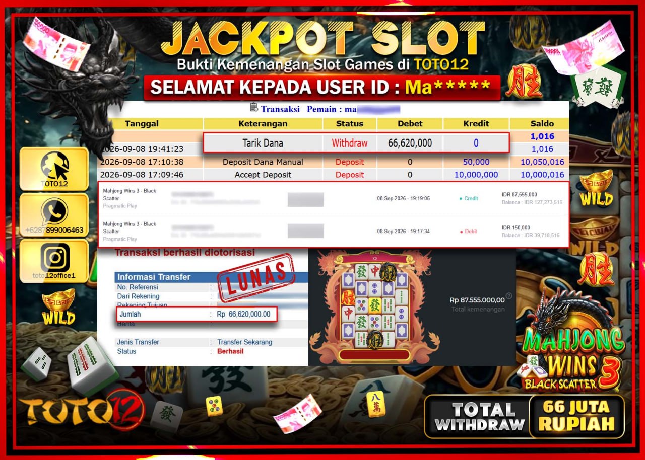 HANYA DI TOTO12 JP PASTI DI BAYAR LUNAS DAN CEPAT!!!!!! JACKPOT SLOT GAME (MAHJONG WINS 3 BLACK SCATTER) Rp66.620.000!!!!