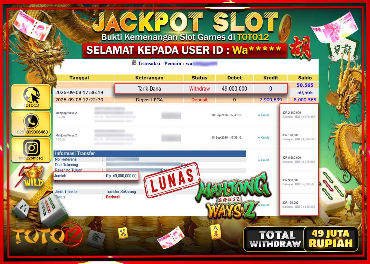 HANYA DI TOTO12 JP PASTI DI BAYAR LUNAS DAN CEPAT!!!!!! JACKPOT SLOT GAME (MAHJONG WAYS 2) Rp49.000.000!!!!