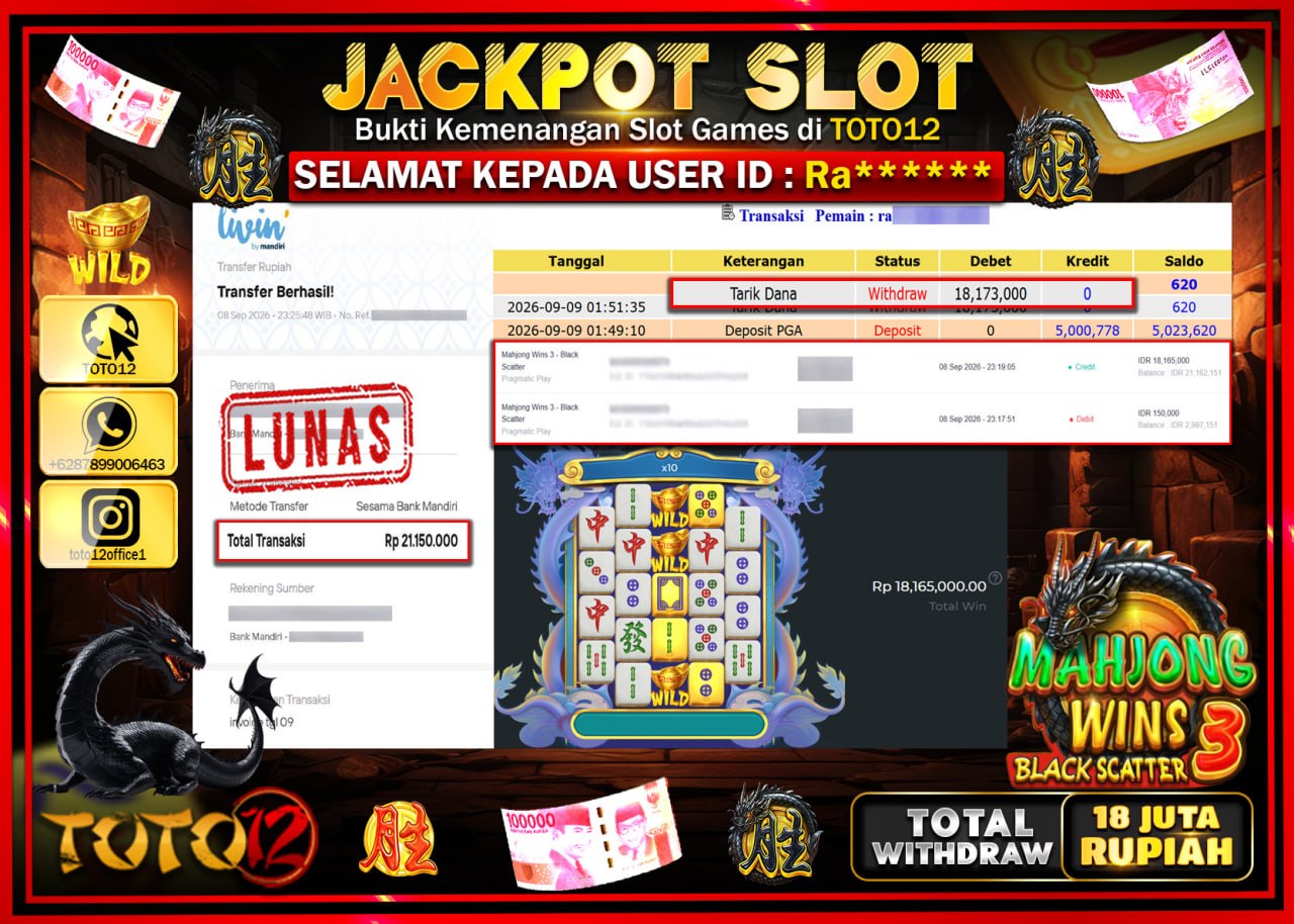 HANYA DI TOTO12 JP PASTI DI BAYAR LUNAS DAN CEPAT!!!!!! JACKPOT SLOT GAME (MAHJONG WINS 3 BLACK SCATTER) Rp18.173.000!!!!