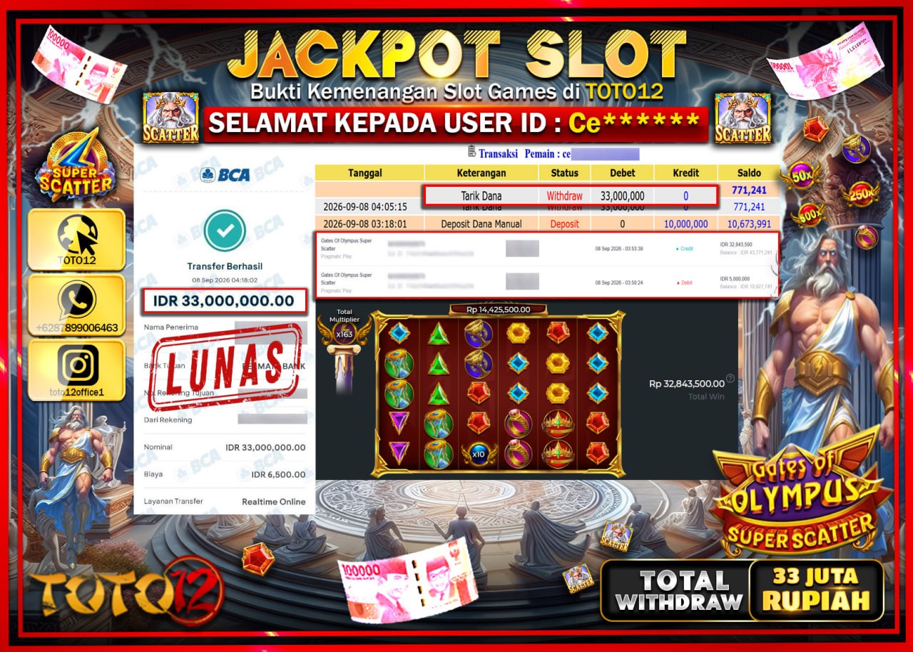 HANYA DI TOTO12 JP PASTI DI BAYAR LUNAS DAN CEPAT!!!!!! JACKPOT SLOT GAME (GATES OF OLYMPUS SUPER SCATTER) Rp33.000.000!!!!