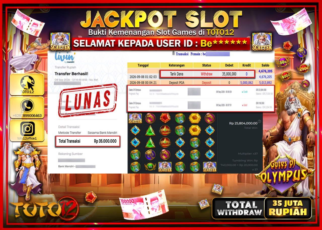 HANYA DI TOTO12 JP PASTI DI BAYAR LUNAS DAN CEPAT!!!!!! JACKPOT SLOT GAME (GATES OF OLYMPUS) Rp35.000.000!!!!