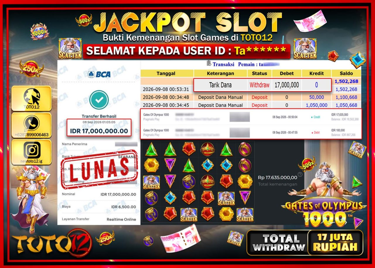HANYA DI TOTO12 JP PASTI DI BAYAR LUNAS DAN CEPAT!!!!!! JACKPOT SLOT GAME (GATES OF OLYMPUS 1000) Rp17.000.000!!!!