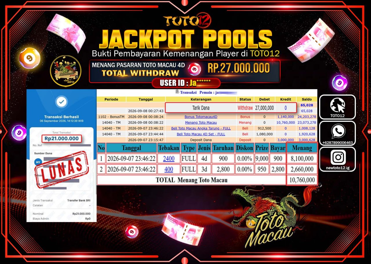 HANYA DI TOTO12 JP PASTI DI BAYAR LUNAS DAN CEPAT!!!!!! JACKPOT POOLS PASARAN (MACAU 4D) Rp27.000.000!!!!