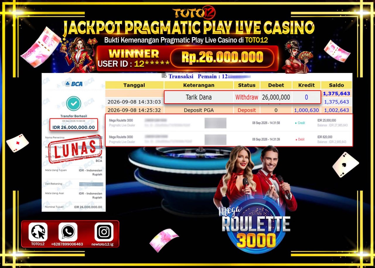 HANYA DI TOTO12 JP PASTI DI BAYAR LUNAS DAN CEPAT!!!!!! JACKPOT PRAGMATIC PLAY LIVE GAME CASINO (MEGA ROULETTE 3000) Rp26.000.000!!!!