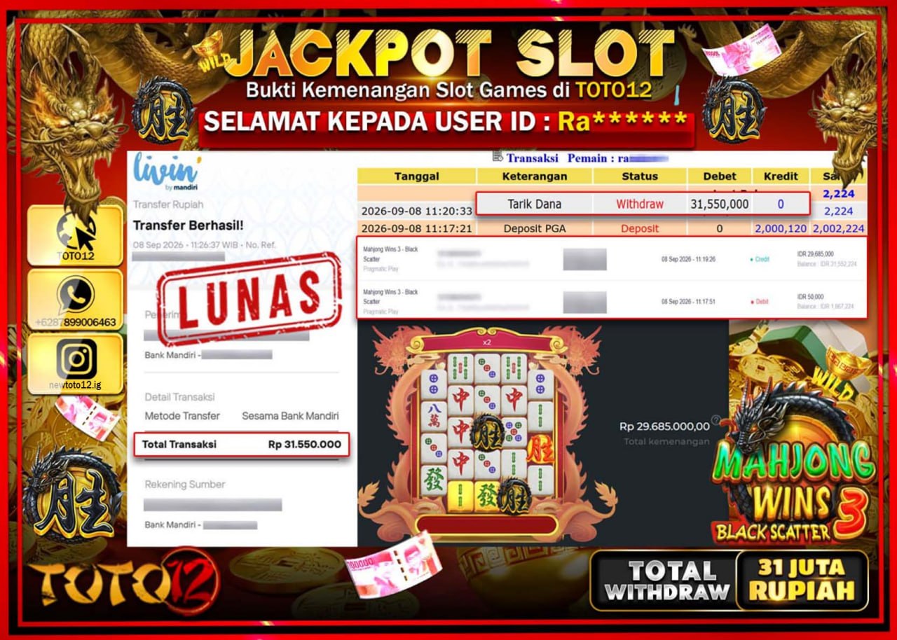 HANYA DI TOTO12 JP PASTI DI BAYAR LUNAS DAN CEPAT!!!!!! JACKPOT SLOT GAME (MAHJONG WINS 3 BLACK SCATTER) Rp31.550.000!!!!