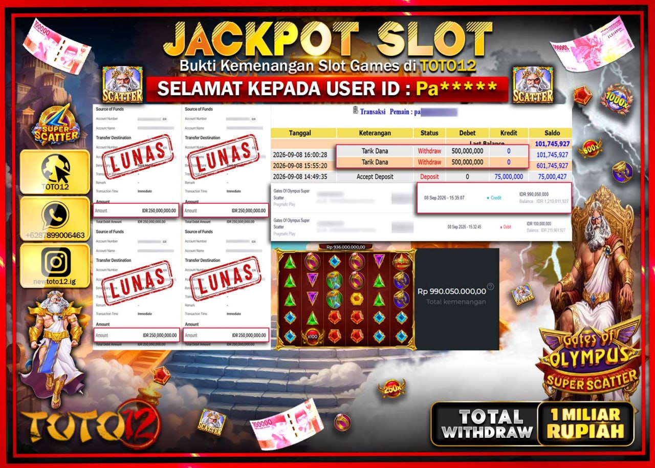 HANYA DI TOTO12 JP PASTI DI BAYAR LUNAS DAN CEPAT!!!!!! JACKPOT SLOT GAME (GATES OF OLYMPUS SUPER SCATTER) Rp1.000.000.000!!!!