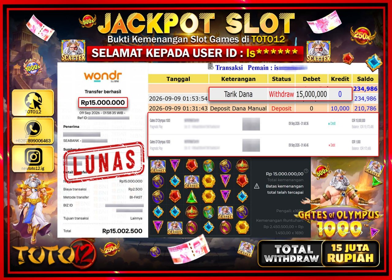 HANYA DI TOTO12 JP PASTI DI BAYAR LUNAS DAN CEPAT!!!!!! JACKPOT SLOT GAME (GATES OF OLYMPUS 1000) Rp15.000.000!!!!