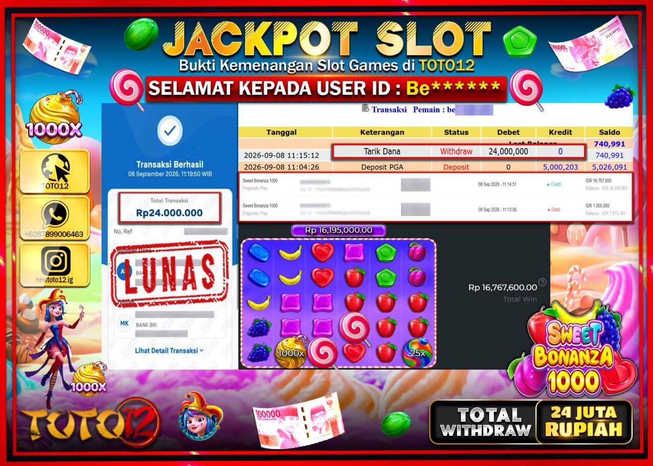 HANYA DI TOTO12 JP PASTI DI BAYAR LUNAS DAN CEPAT!!!!!! JACKPOT SLOT GAME (SWEET BONANZA 1000) Rp24.000.000!!!!