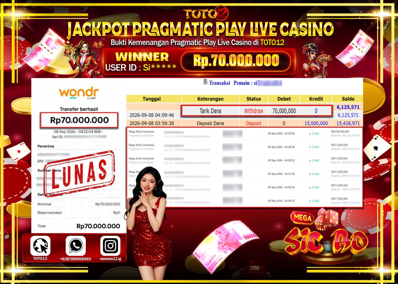 HANYA DI TOTO12 JP PASTI DI BAYAR LUNAS DAN CEPAT!!!!!! JACKPOT PRAGMATIC PLAY LIVE GAME CASINO (MEGA SICBO INDONESIA) Rp70.000.000!!!!
