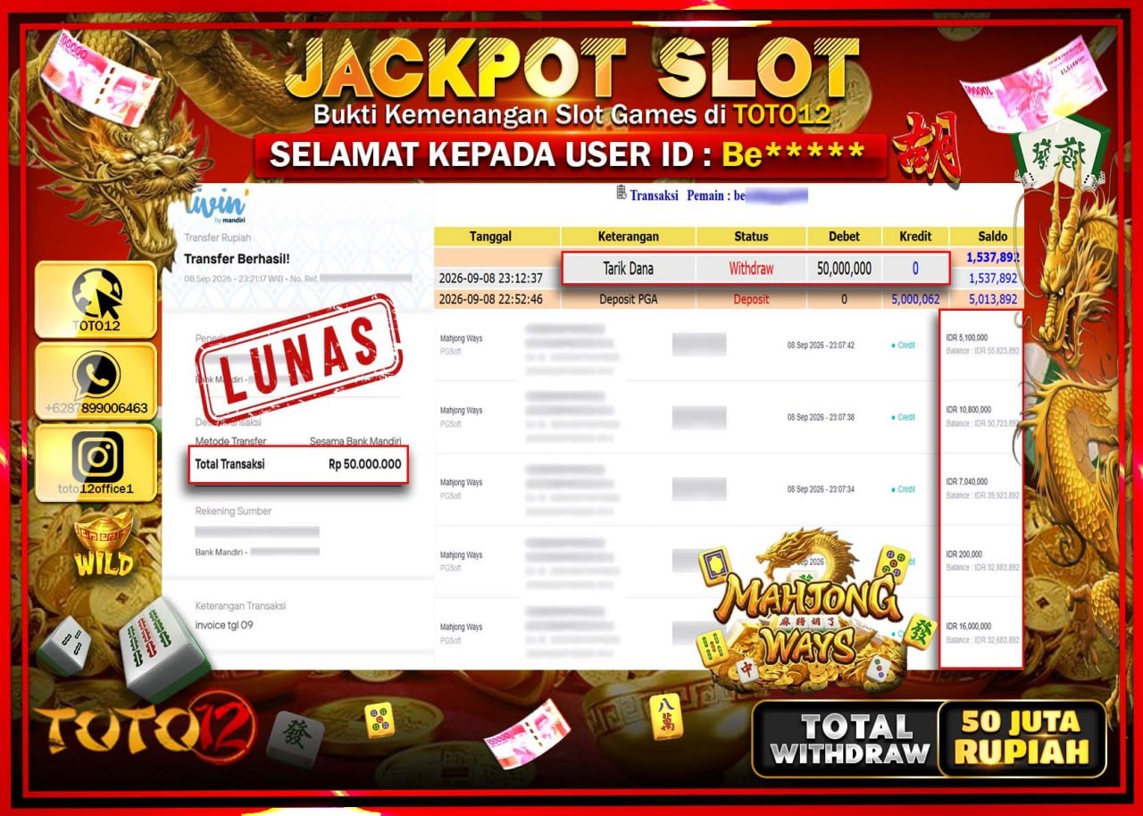 HANYA DI TOTO12 JP PASTI DI BAYAR LUNAS DAN CEPAT!!!!!! JACKPOT SLOT GAME (MAHJONG WAYS) Rp50.000.000!!!!