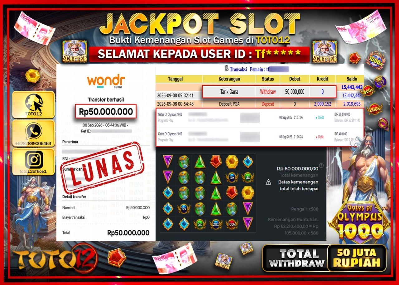 HANYA DI TOTO12 JP PASTI DI BAYAR LUNAS DAN CEPAT!!!!!! JACKPOT SLOT GAME (GATES OF OLYMPUS 1000) Rp50.000.000!!!!