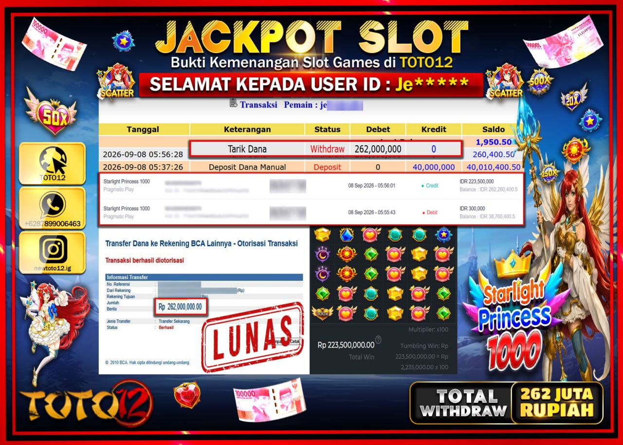 HANYA DI TOTO12 JP PASTI DI BAYAR LUNAS DAN CEPAT!!!!!! JACKPOT SLOT GAME (STARLIGHT PRINCESS 1000) Rp262.000.000!!!!