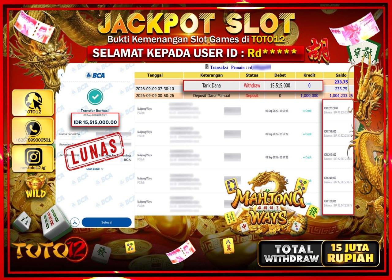 HANYA DI TOTO12 JP PASTI DI BAYAR LUNAS DAN CEPAT!!!!!! JACKPOT SLOT GAME (MAHJONG WAYS) Rp15.515.000!!!!