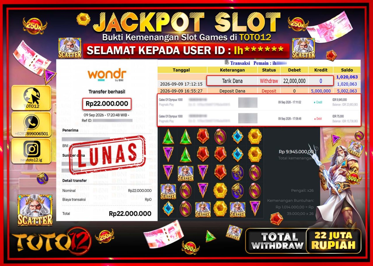 HANYA DI TOTO12 JP PASTI DI BAYAR LUNAS DAN CEPAT!!!!!! JACKPOT SLOT GAME (GATES OF OLYMPUS 1000) Rp22.000.000!!!!