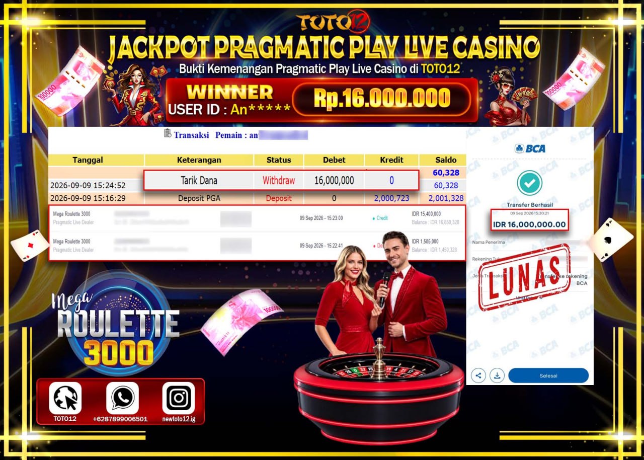 HANYA DI TOTO12 JP PASTI DI BAYAR LUNAS DAN CEPAT!!!!!! JACKPOT PRAGMATIC PLAY LIVE GAME CASINO (MEGA ROULETTE 3000) Rp16.000.000!!!!