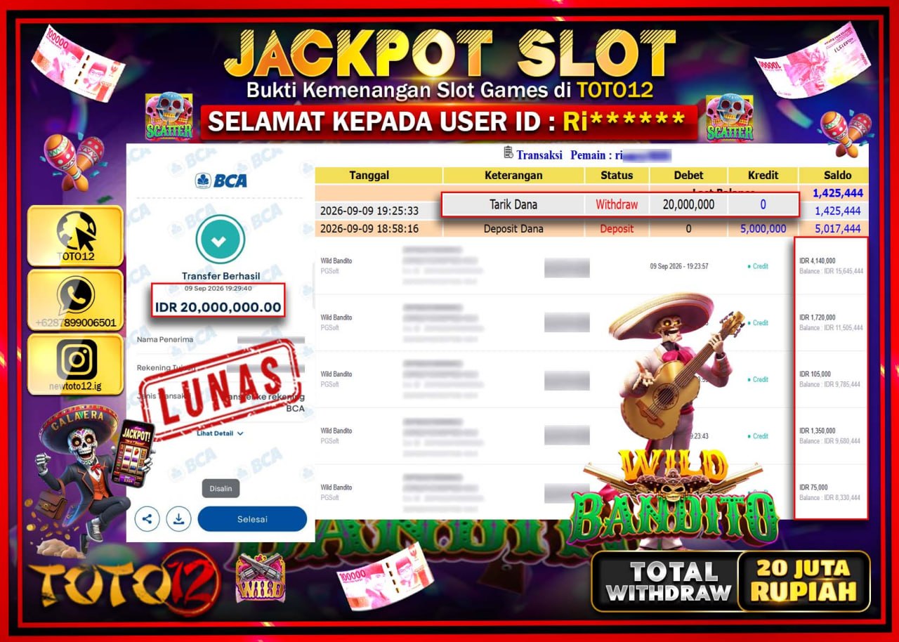 HANYA DI TOTO12 JP PASTI DI BAYAR LUNAS DAN CEPAT!!!!!! JACKPOT SLOT GAME (WILD BANDITO) Rp20.000.000!!!!