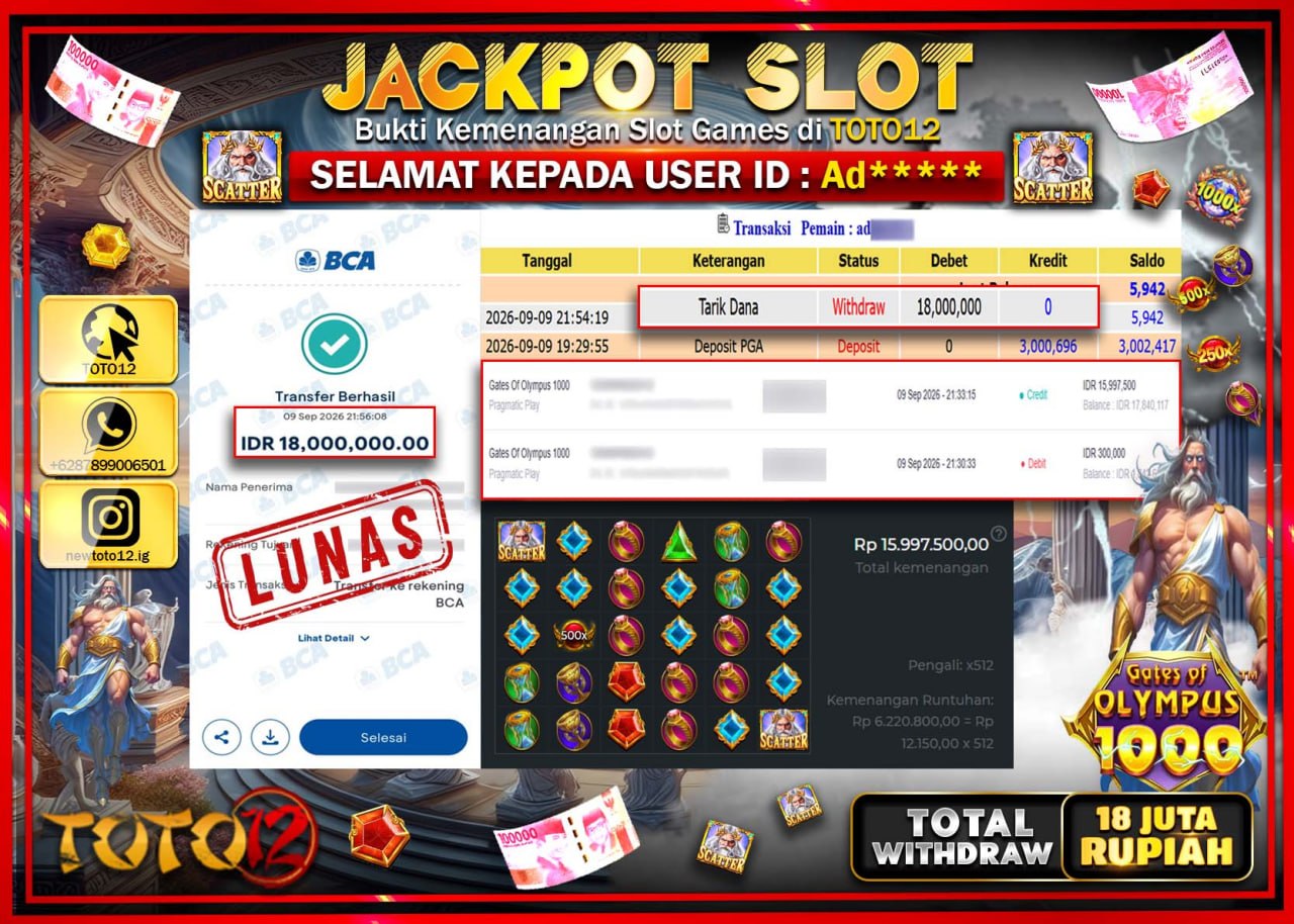 HANYA DI TOTO12 JP PASTI DI BAYAR LUNAS DAN CEPAT!!!!!! JACKPOT SLOT GAME (GATES OF OLYMPUS 1000) Rp18.000.000!!!!