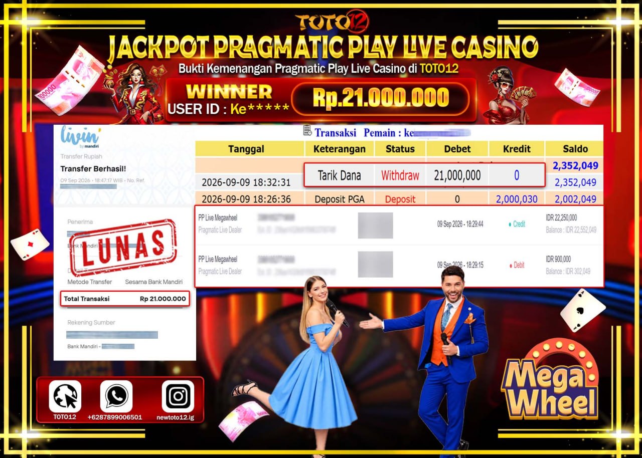 HANYA DI TOTO12 JP PASTI DI BAYAR LUNAS DAN CEPAT!!!!!! JACKPOT PRAGMATIC PLAY LIVE GAME CASINO (PP LIVE MEGAWHEEL) Rp21.000.000!!!!