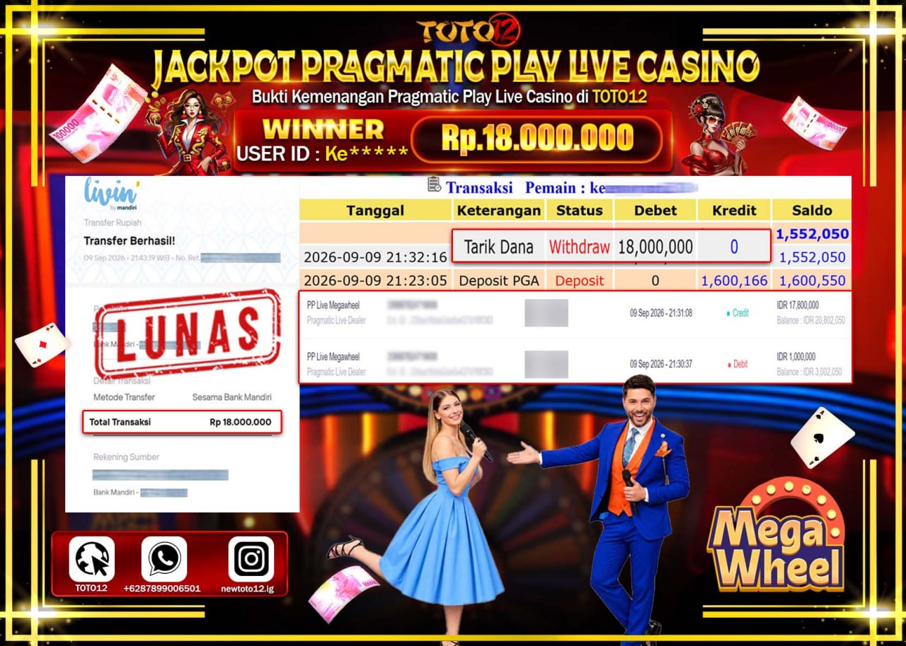 HANYA DI TOTO12 JP PASTI DI BAYAR LUNAS DAN CEPAT!!!!!! JACKPOT PRAGMATIC PLAY LIVE GAME CASINO (PP LIVE MEGAWHEEL) Rp18.000.000!!!!