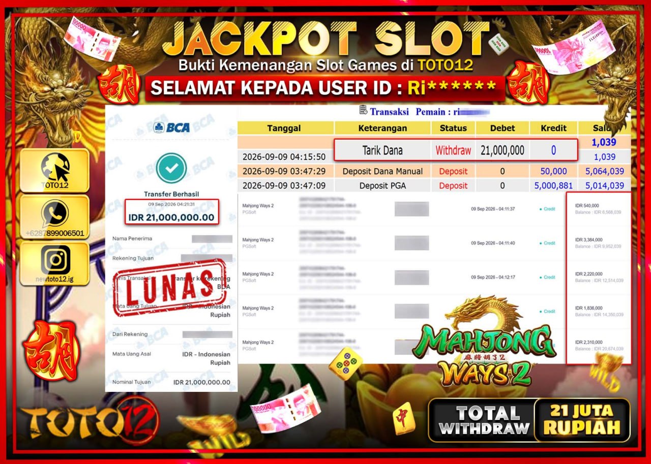 HANYA DI TOTO12 JP PASTI DI BAYAR LUNAS DAN CEPAT!!!!!! JACKPOT SLOT GAME (MAHJONG WAYS 2) Rp21.000.000!!!!