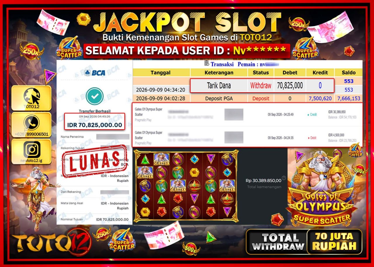 HANYA DI TOTO12 JP PASTI DI BAYAR LUNAS DAN CEPAT!!!!!! JACKPOT SLOT GAME (GATES OF OLYMPUS SUPER SCATTER) Rp70.825.000!!!!