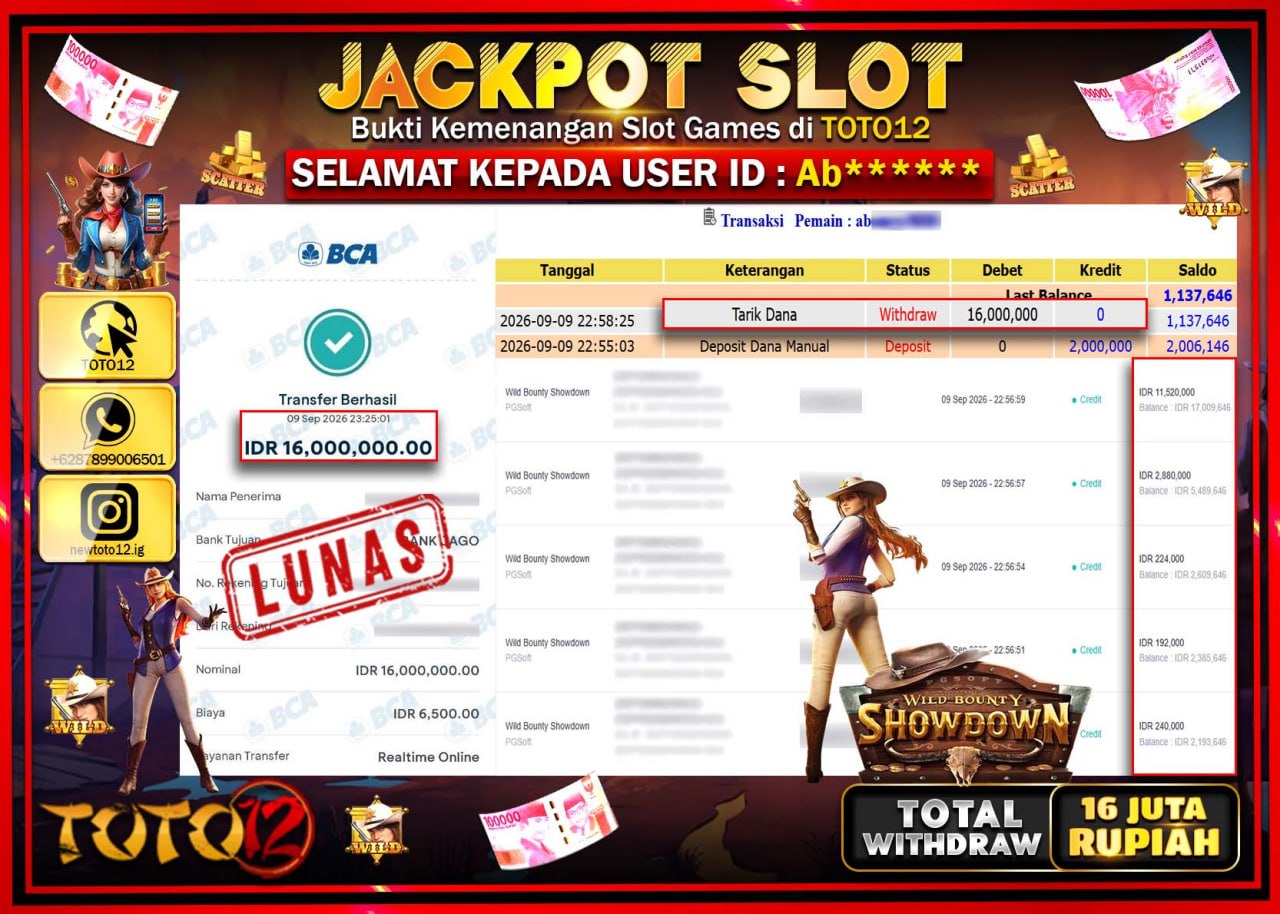 HANYA DI TOTO12 JP PASTI DI BAYAR LUNAS DAN CEPAT!!!!!! JACKPOT SLOT GAME (WILD BOUNTY SHOWDOWN) Rp16.000.000!!!!